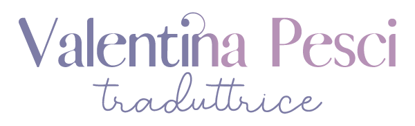 Sulla prima riga si trova scritto "Valentina Pesci" con i colori del brand, si parte da un viola che poi sfuma nel rosa acceso. Nella seconda riga si trova in corsivo la scritta "Traduttrice" tutta in viola.